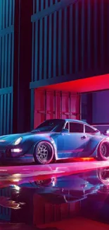 Blue sports car amidst neon lights reflecting on wet surface.