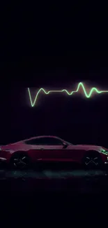 Sleek sports car with a neon pulse line on a dark background.