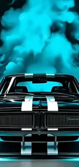 Black muscle car with neon blue smoke in background.