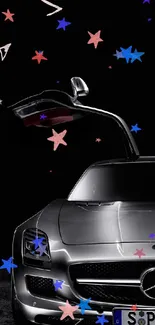 Sleek silver car with vibrant stars against a black background.