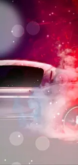 Sleek car with vibrant red and white smoke effect.