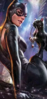 Catwoman with black cat in vivid desktop art.