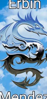 Chrome dragon design on a blue sky background mobile wallpaper.