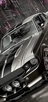 Sleek classic car with a futuristic urban background.