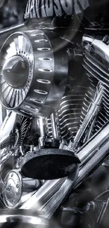 Close-up of a chrome classic motorcycle engine.