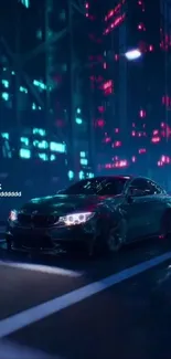 Cyberpunk-themed car in neon city scene at night.