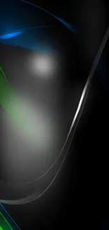 Sleek dark abstract wallpaper with vibrant green and blue curves.