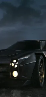 Futuristic dark car under a moody night sky.