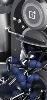 Close-up of sleek, modern earbuds with metallic detailing.
