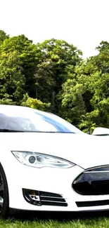 Sleek white electric car near lush green forest.