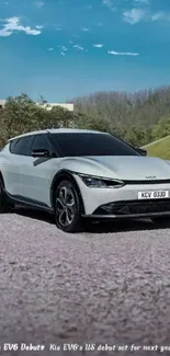 Stylish electric car in modern landscape.