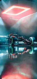 F1 car with neon lights and reflections on a sleek surface.