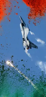 Sleek fighter jet ascends into the vibrant sky with colorful trails.