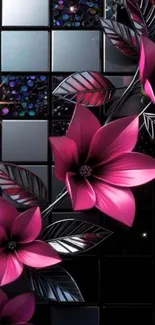 Floral mobile wallpaper with pink flowers on black glossy tiles.
