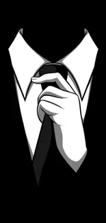 Hand adjusting tie on a black and white minimalist suit graphic.