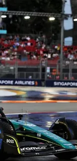 Formula 1 racecar speeding on a wet track with cheering fans in the background.