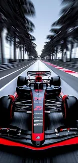 Sleek Formula 1 car racing on a track with blurred background.