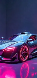 Futuristic car with neon lights reflection.