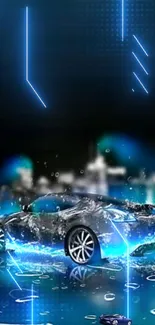 Futuristic car with neon blue lights and reflections.