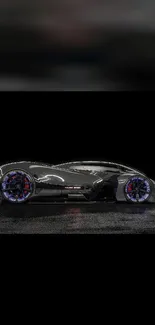 Futuristic sports car with neon wheels on a dark background.