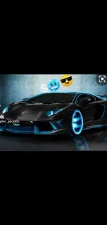 Futuristic black sports car with neon blue lights.