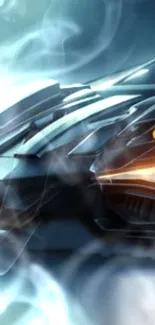 Futuristic car with sleek design and glowing lights on a dark gray background.