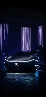 Sleek futuristic car with neon lights and a dark theme wallpaper.