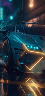 Futuristic sports car with neon lights on a rainy cyberpunk street.