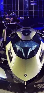 Futuristic metallic supercar with sleek design on display.