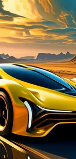 Futuristic yellow sports car in desert with dramatic sunset background.