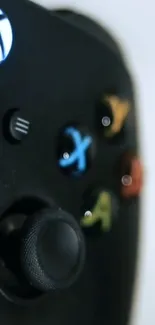 Close-up of a black gaming console controller showcasing buttons.