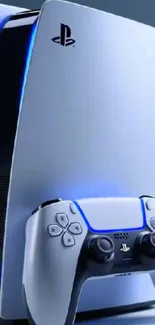 PlayStation 5 with dual controllers on display.