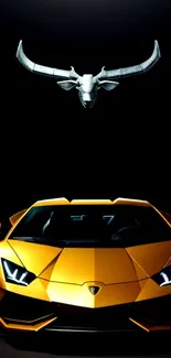 Gold sports car with bull skull on dark background.