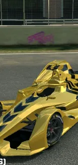 Sleek gold racing car on track wallpaper.