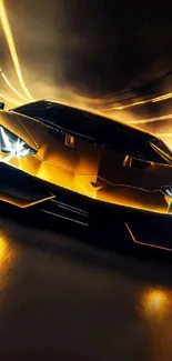 Sleek gold sports car racing in a tunnel.