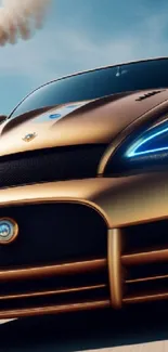 Gold sports car with blue headlights on track, dynamic wallpaper.