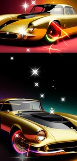 Sleek gold sports cars on vibrant background wallpaper.