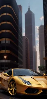 Golden sports car in urban cityscape at sunset.