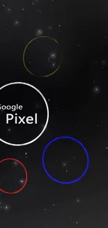 Google Pixel wallpaper with cosmic circles on black background.