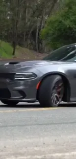 Sleek gray sports car on a scenic road, ideal for mobile wallpaper.