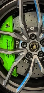 Lamborghini green ceramic brake caliper and wheel design.