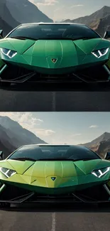 Green sports car on open road with scenic mountain backdrop.