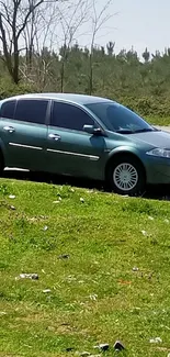 Green sedan parked on road with scenic nature backdrop.