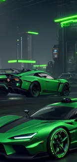 Futuristic green sports cars with neon lights in a cityscape at night.