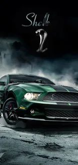 Green Mustang car design with a smoky backdrop.