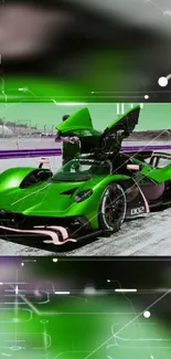 Sleek green race car on track, vibrant display.