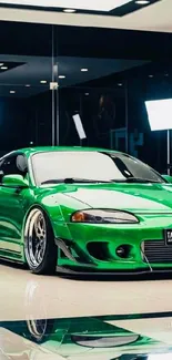 Sleek green sports car in a showroom.