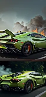 Green sports car with flames on road; dynamic and vibrant wallpaper.