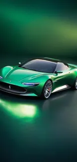 Sleek green sports car on a reflective surface.