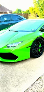 Vibrant lime green sports car parked in a driveway.